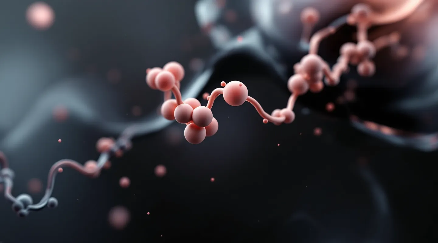 Soft 3D-rendered peptide chain of cream spheres with one dusty-rose sphere floating in deep-black space